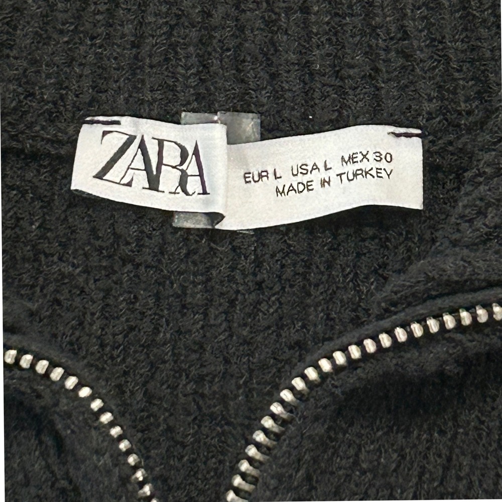 Zara Black Ribbed Quarter Zip Cropped Knit Sweater Size L Quiet Luxury - Picture 6 of 6